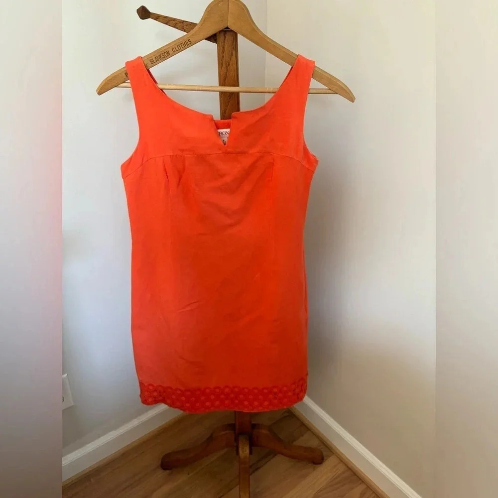Merona Size 4 Bright Orange Linen Shift Dress with Embroidered detail on hem